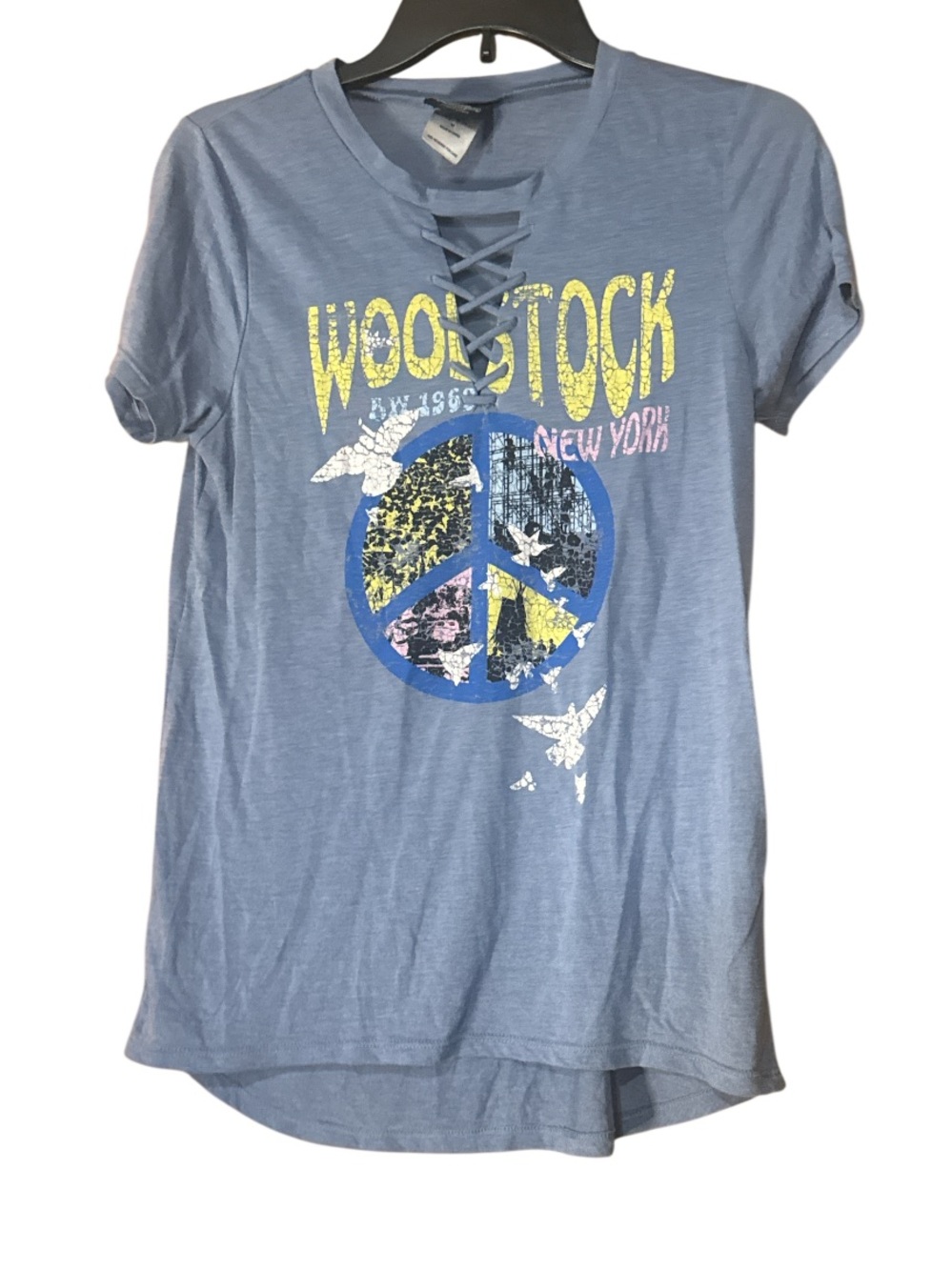 Woodstock VTG Concert Tees Band Lace-Up Graphic T-Shirt Blue - Size M